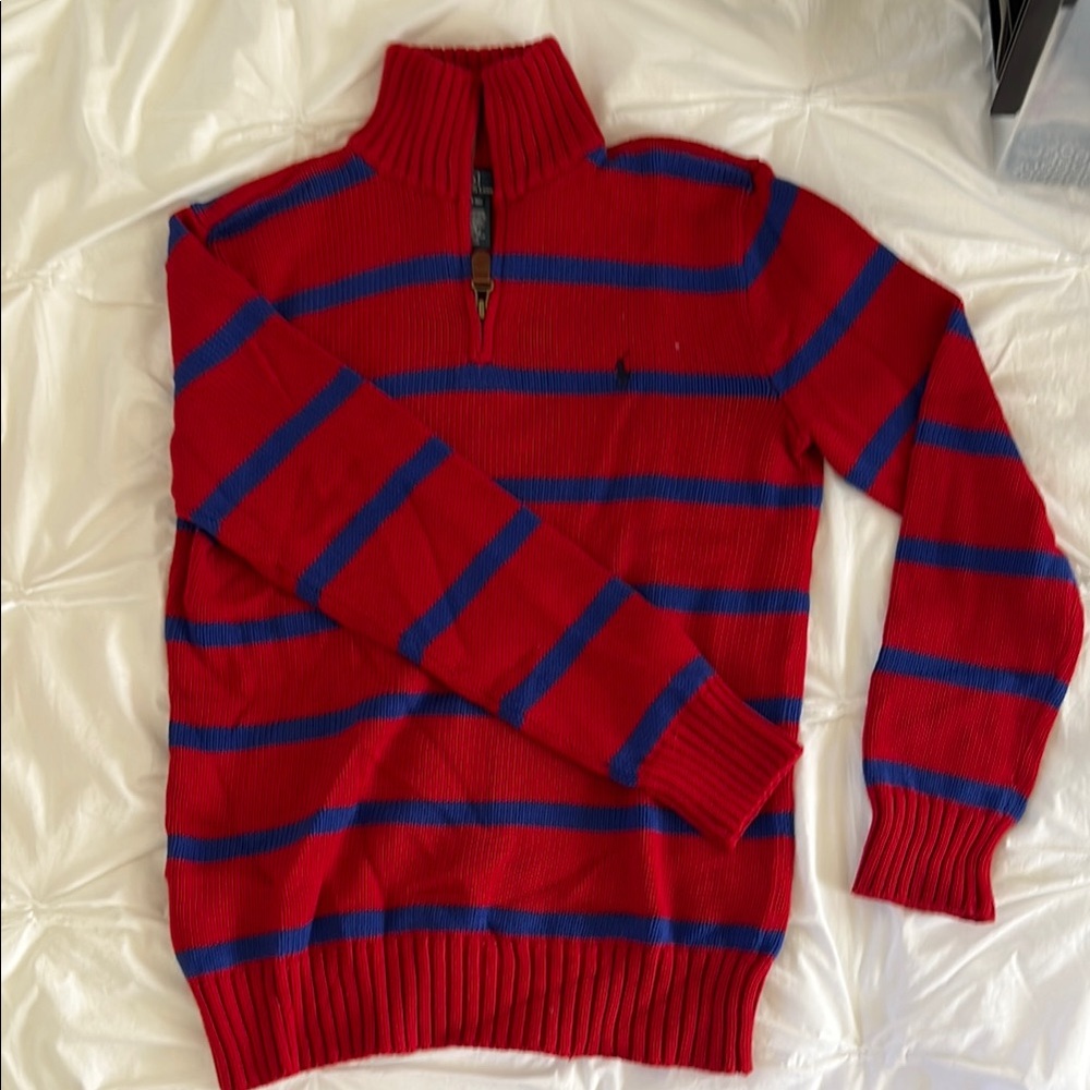 Classic Red and Blue Striped Boys Quarter Zip-Up Sweater
